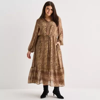 a.n.a Womens Long Sleeve Animal Maxi Dress Plus