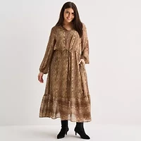 a.n.a Womens Long Sleeve Animal Maxi Dress Plus