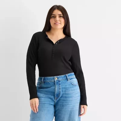 a.n.a Womens Plus Long Sleeve Regular Fit Henley Shirt