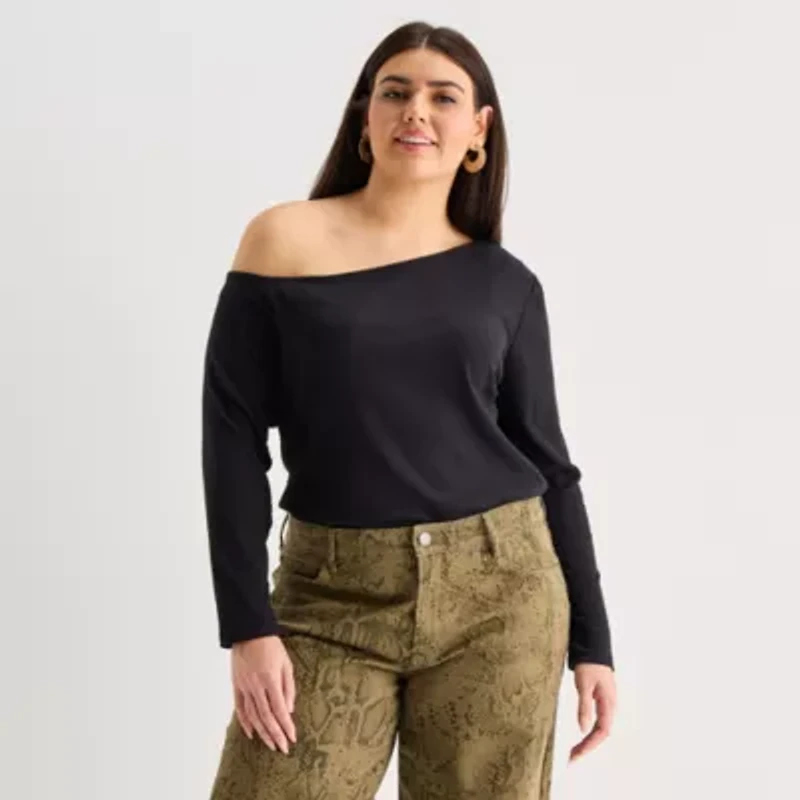 a.n.a Womens Asymmetrical Neck Long Sleeve Plus T-Shirt