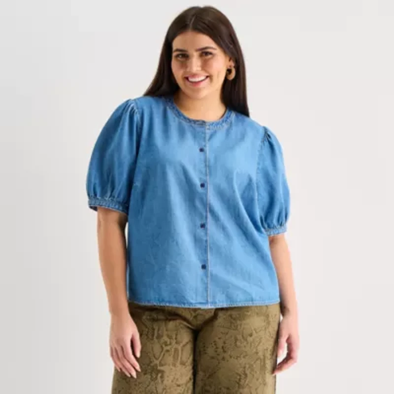 a.n.a Denim Womens Elbow Sleeve Plus Blouse