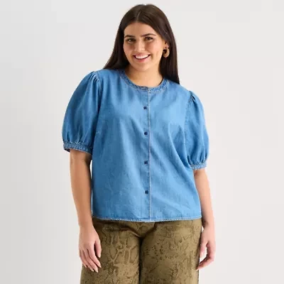 a.n.a Denim Womens Crew Neck Elbow Sleeve Plus Blouse