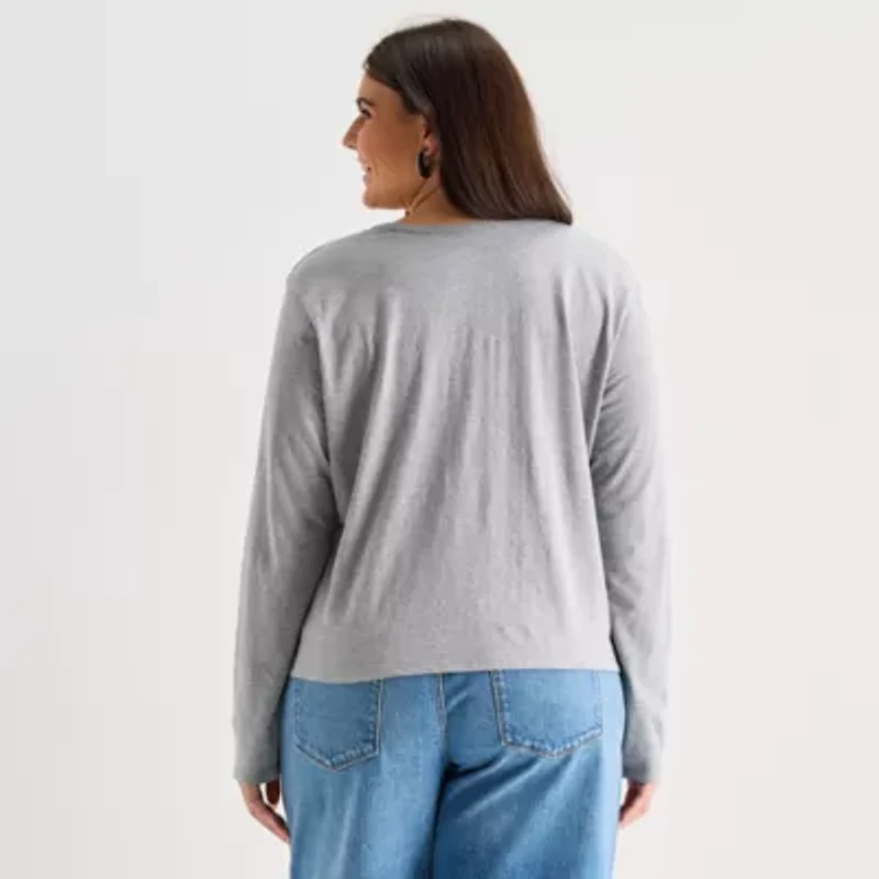 a.n.a Womens Plus Y Neck Long Sleeve T-Shirt