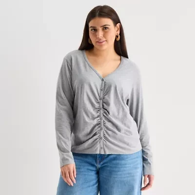 a.n.a Womens Plus Y Neck Long Sleeve T-Shirt