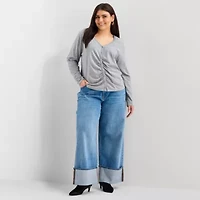 a.n.a Womens Plus Y Neck Long Sleeve T-Shirt