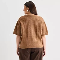 a.n.a Plus Womens Crew Neck Short Sleeve Button Cardigan