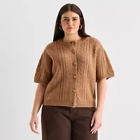 a.n.a Plus Womens Crew Neck Short Sleeve Button Cardigan