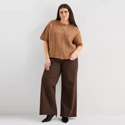 a.n.a Plus Womens Crew Neck Short Sleeve Button Cardigan