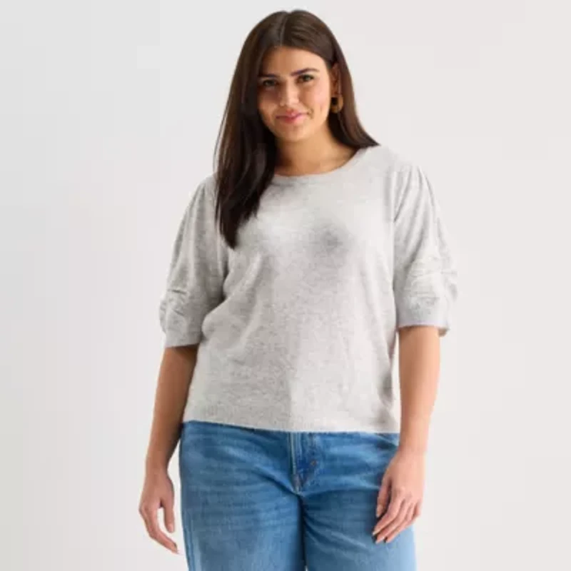 a.n.a Plus Womens Crew Neck Short Sleeve Pullover Sweater