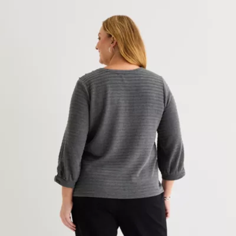 Liz Claiborne Womens Plus Crew Neck 3/4 Sleeve Blouse