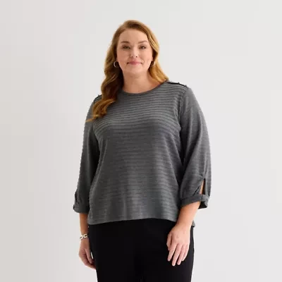 Liz Claiborne Womens Plus Crew Neck 3/4 Sleeve Blouse