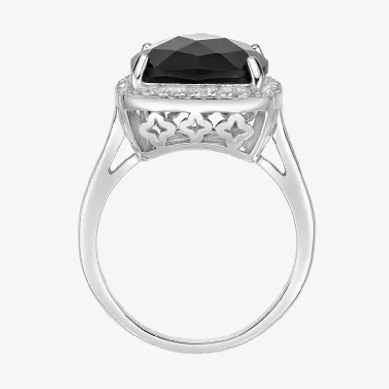 Womens Genuine Black Onyx Sterling Silver Cushion Halo Cocktail Ring