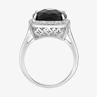 Womens Genuine Black Onyx Sterling Silver Cushion Halo Cocktail Ring