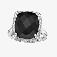 Womens Genuine Black Onyx Sterling Silver Cushion Halo Cocktail Ring