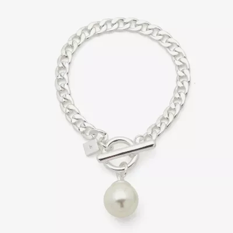 Worthington Silver Tone Simulated Pearl Womens Curb Chain Bracelet