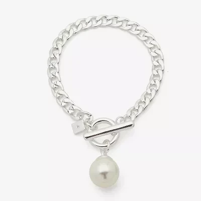 Worthington Silver Tone Simulated Pearl Womens Curb Chain Bracelet