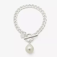 Worthington Silver Tone Simulated Pearl Womens Curb Chain Bracelet