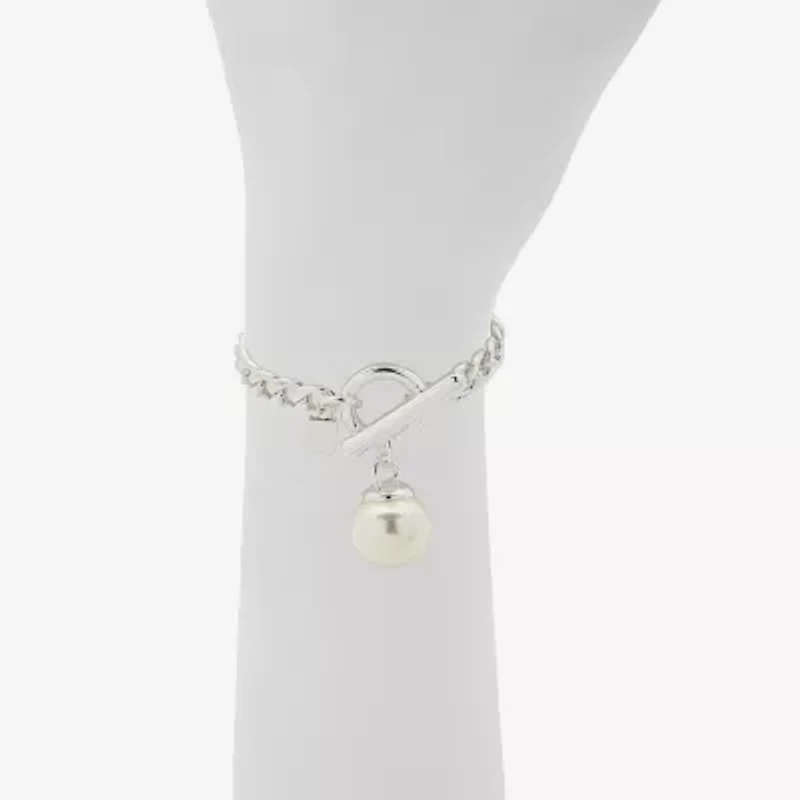 Worthington Silver Tone Simulated Pearl Womens Curb Chain Bracelet