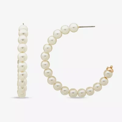 Worthington C Womens White Simulated Pearl 38.1mm Hoop Earrings