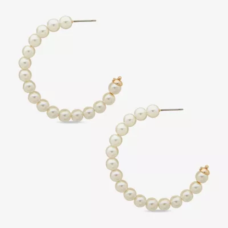 Worthington C Womens White Simulated Pearl 38.1mm Hoop Earrings