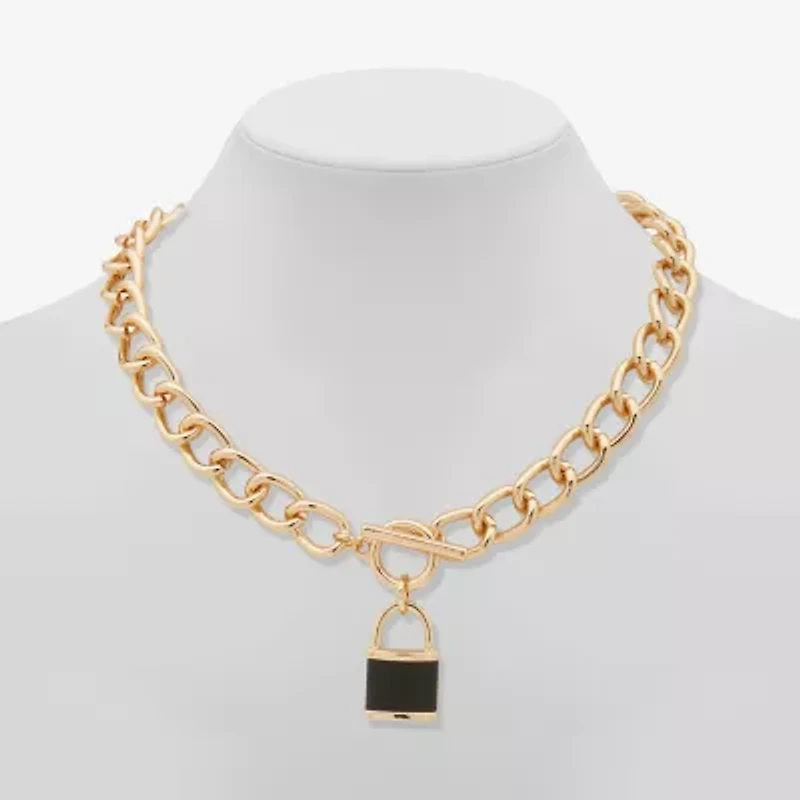 Worthington Gold Tone & Black Leather Lock Womens 17 Inch Pendant Necklace