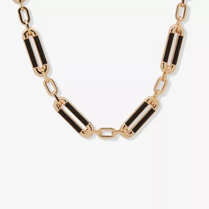 Worthington Gold Tone & Black Leather Link Womens 17 Inch Collar Necklace