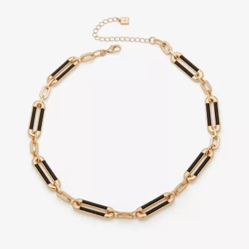 Worthington Gold Tone & Black Leather Link Womens 17 Inch Collar Necklace