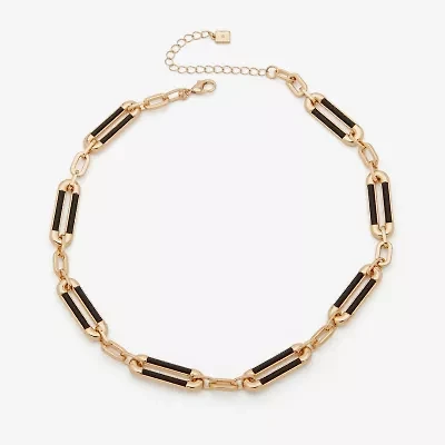 Worthington Gold Tone & Black Leather Link Womens 17 Inch Collar Necklace