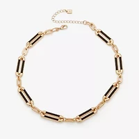 Worthington Gold Tone & Black Leather Link Womens 17 Inch Collar Necklace