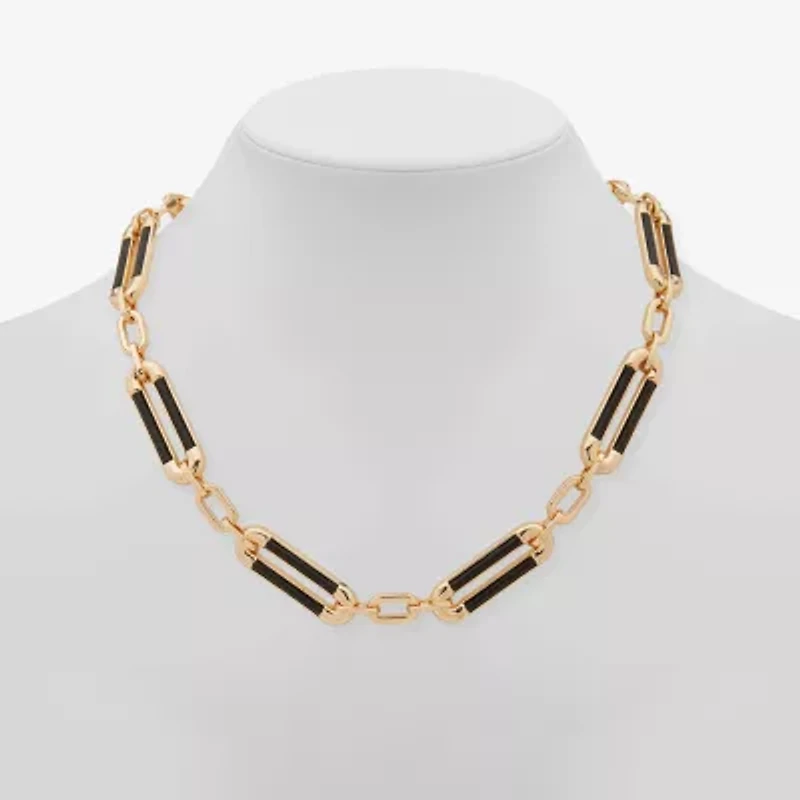 Worthington Gold Tone & Black Leather Link Womens 17 Inch Collar Necklace