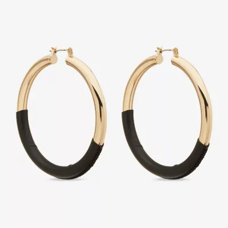 Worthington Gold Tone & Black Leather Wrap Womens 37mm Hoop Earrings