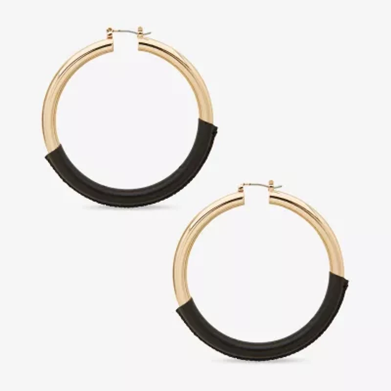 Worthington Gold Tone & Black Leather Wrap Womens 37mm Hoop Earrings
