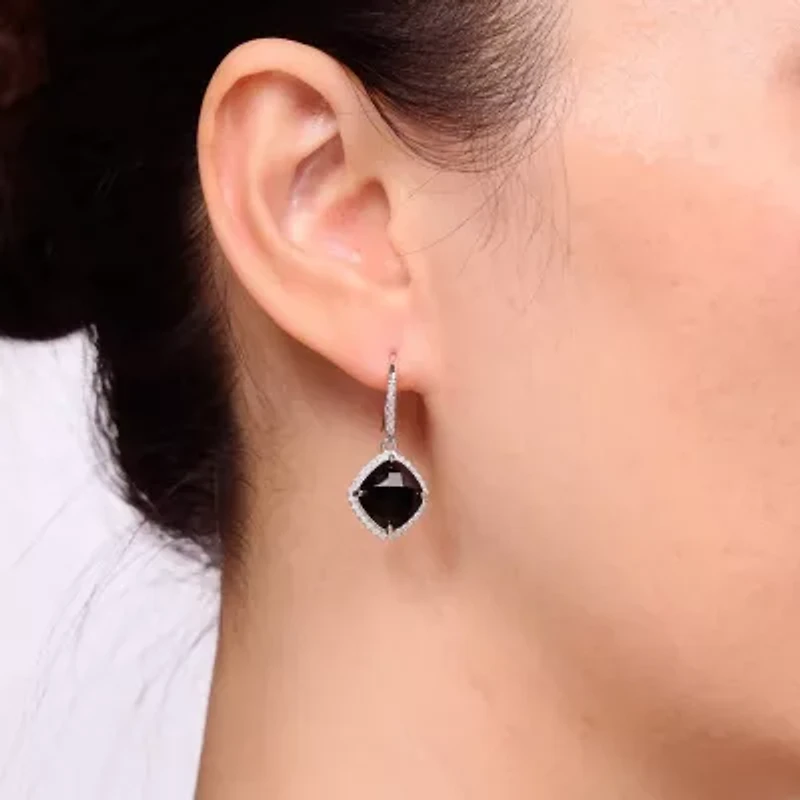 Womens Genuine Black Onyx Sterling Silver Cushion Drop Earrings