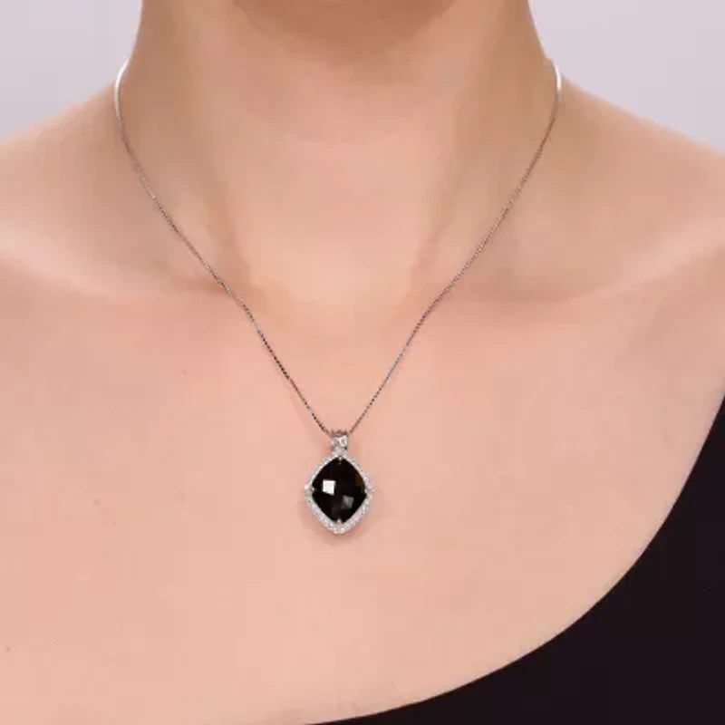 Womens Genuine Black Onyx Sterling Silver Cushion 18 Inch Pendant Necklace