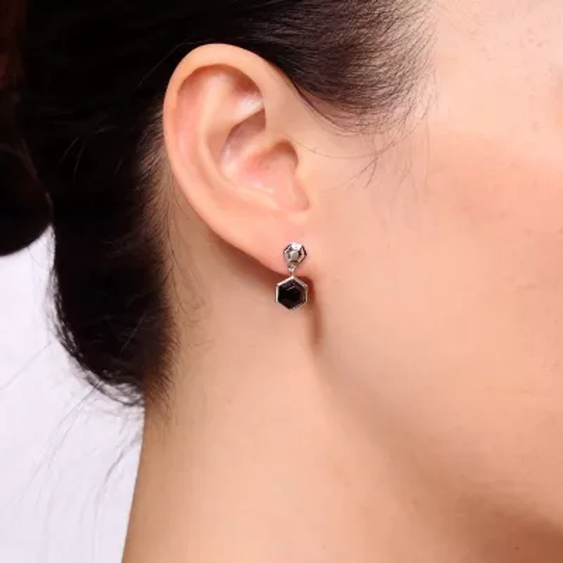 Womens Genuine Black Onyx Sterling Silver Round Drop Earrings