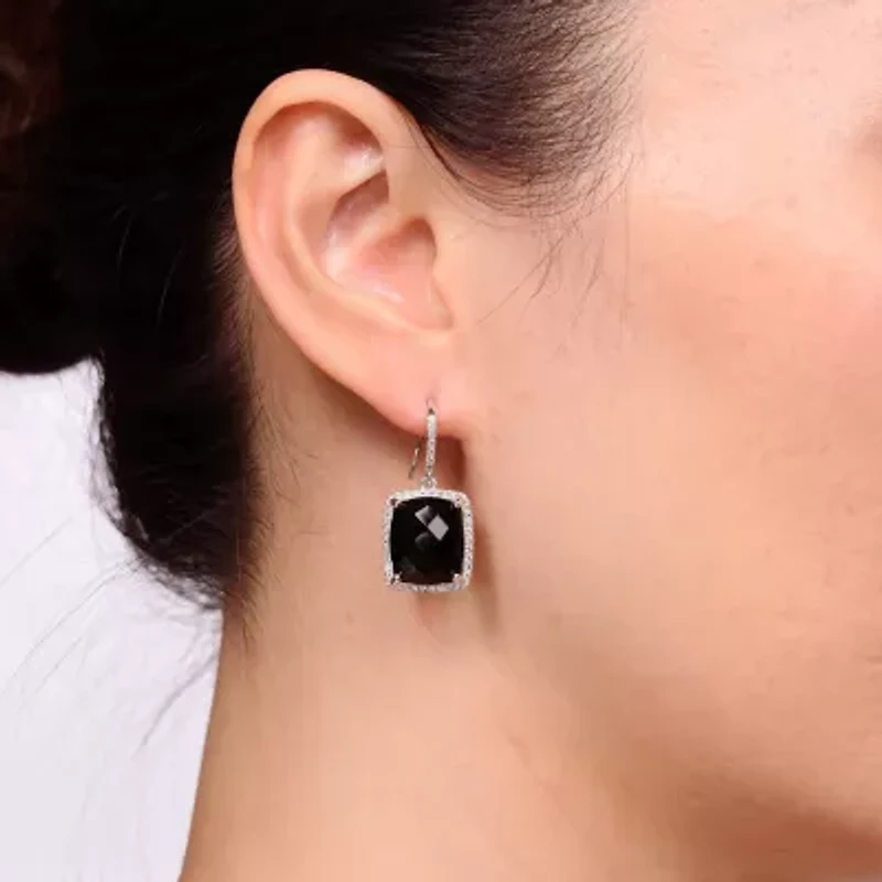 Womens Genuine Black Onyx Sterling Silver Cushion Drop Earrings