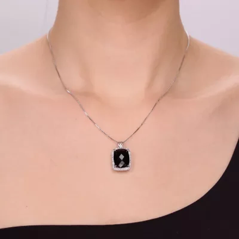 Womens Genuine Black Onyx Sterling Silver Cushion 18 Inch Pendant Necklace