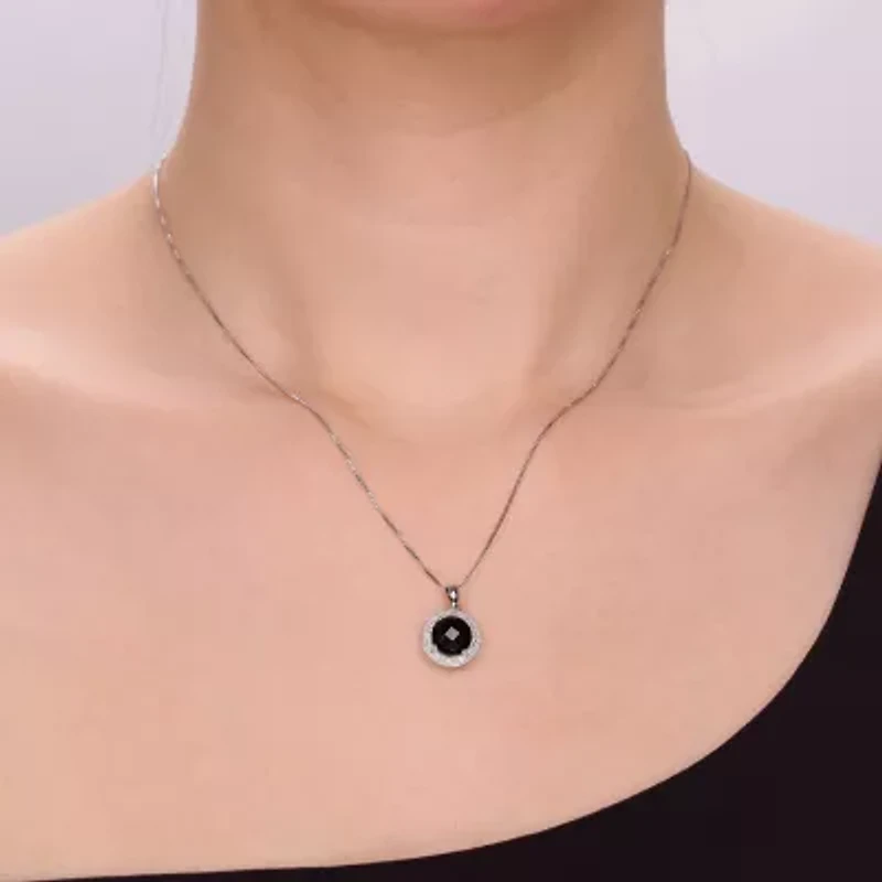 Womens Diamond Accent Genuine Black Onyx Sterling Silver 18 Inch Pendant Necklace