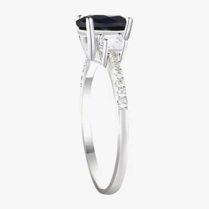 Womens 3/8 CT. T.W. Lab Created Blue Sapphire 10K White Gold Halo Side Stone Cocktail Ring