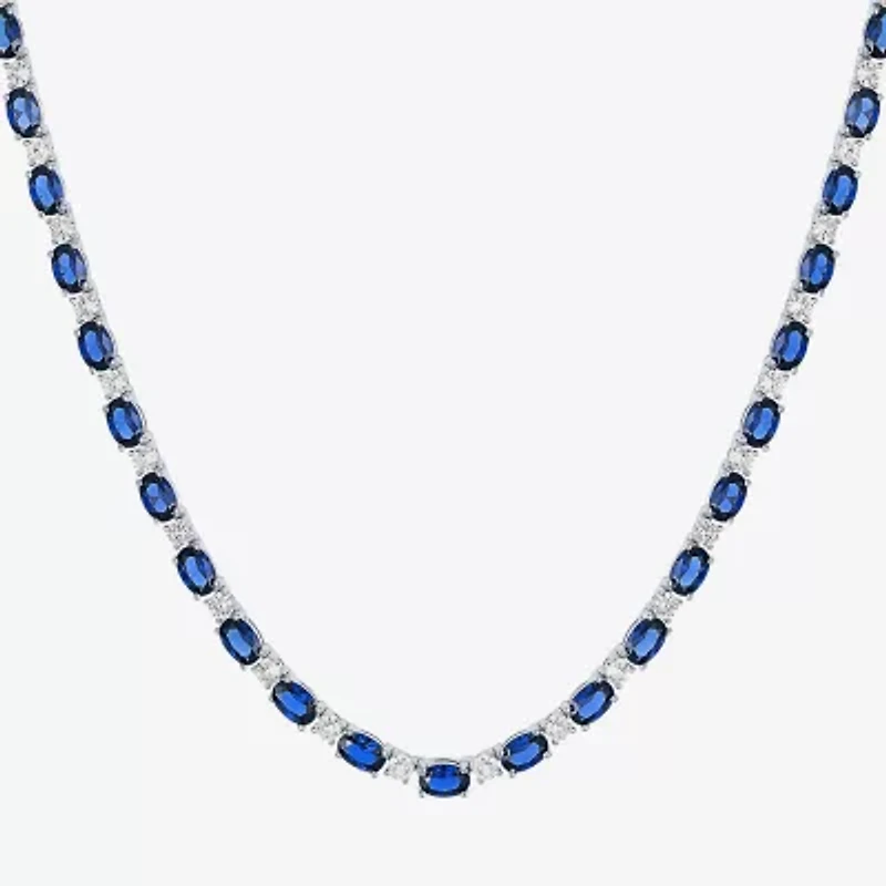 Womens Blue Sapphire Sterling Silver 18 Inch Tennis Necklace