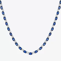 Womens Blue Sapphire Sterling Silver 18 Inch Tennis Necklace