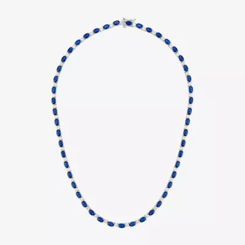 Womens Blue Sapphire Sterling Silver 18 Inch Tennis Necklace