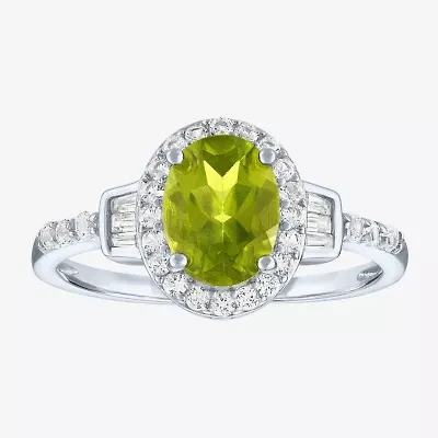 Womens Genuine Green Peridot Sterling Silver Halo Side Stone Cocktail Ring