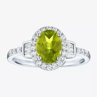 Womens Genuine Green Peridot Sterling Silver Halo Side Stone Cocktail Ring