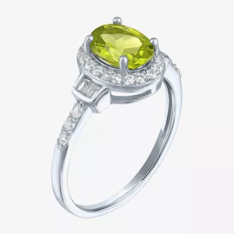 Womens Genuine Green Peridot Sterling Silver Halo Side Stone Cocktail Ring