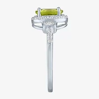 Womens Genuine Green Peridot Sterling Silver Halo Side Stone Cocktail Ring