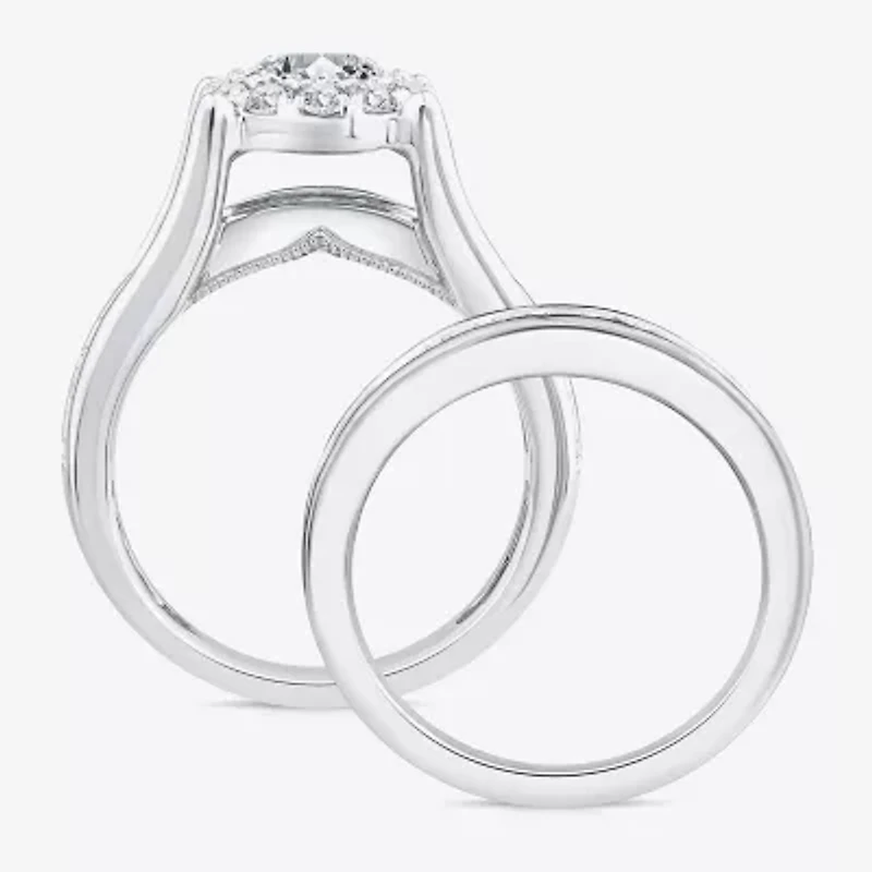 (G / Si1-Si2) Womens 3 CT. T.W. Lab Grown White Diamond 10K White Gold Round Side Stone Halo Bridal Set