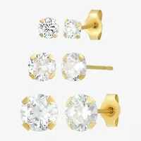 Womens Cubic Zirconia 14K Gold Round 3 Pair Earring Set