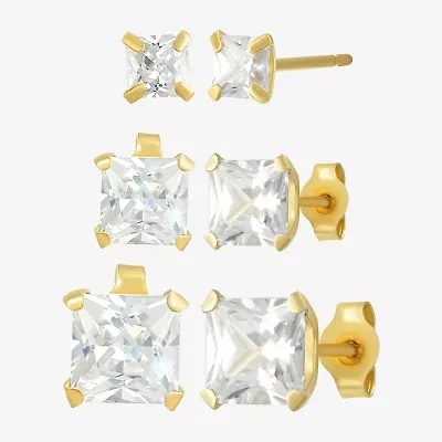 Womens Cubic Zirconia 14K Gold Round 3 Pair Earring Set