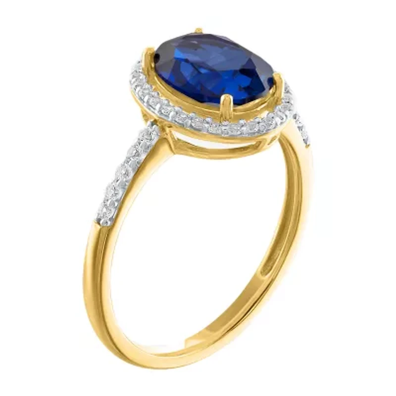 Womens Lab Created Blue Sapphire 10K Gold Halo Cocktail Ring